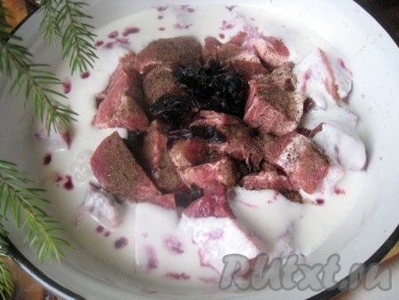 Мякоть свинины, нарезанную на порционные куски, примерно, одного размера, посыпать чёрным и душистым перцами, выдавить из базилика сок и сами листочки тоже добавить к мясу, тщательно перемешать, влить кефир.