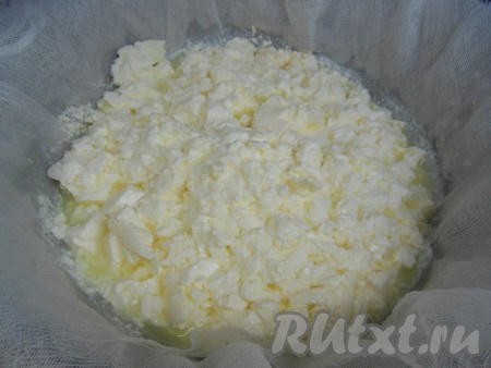 Дуршлаг застелите марлей, сложенной в 2-3 слоя, вылейте содержимое банки. Под дуршлаг не забудьте поставить небольшую кастрюльку или миску, в которую будет стекать сыворотка.