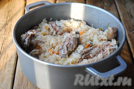 Тушить капусту с мясом и рисом на небольшом огне под крышкой до готовности риса. Время приготовления будет зависеть от сорта риса. Я готовила около 20 минут. В конце приготовления в блюдо можно добавить измельчённую зелень. Снять казан с плиты и дать немного солянке настояться. 