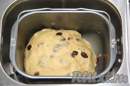 Выставить режим хлебопечки "Основной" или "Белый хлеб", примерное время 3 часа 20 минут. По звуковому сигналу добавить изюм. Колобок должен получиться не липким и эластичным. 