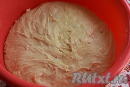 Затем, постепенно подсыпая оставшуюся муку, замесить мягкое тесто, хорошо отлипающее от рук. Накрыть тесто пищевой пленкой и убрать в тёплое место на 30-40 минут,&nbsp; для того чтобы оно подошло.
