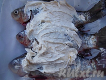 Форму для запекания застелите пергаментом или смажьте маслом (я запекала в жаропрочной стеклянной форме), выложите карасей. Рыбу сверху щедро смажьте сметаной.
