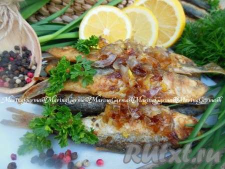 Ароматная, вкусная жареная салака с цитрусовым ароматом готова. По желанию можно добавить к такой рыбке жареный лук (1-2 репчатых луковицы очистить, нарезать, добавить щепотку соли и сахара, перемешать и обжарить на растительном масле до золотистого цвета).
