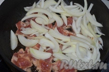 Разогреваем в сковороде масло, обжариваем кусочки свинины с луком до полуготовности мяса, помешивая, на среднем огне, примерно, 10 минут.
