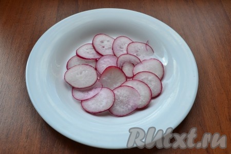 Редис нарезать тонкими кружочками, выложить на плоскую тарелку одним слоем.
