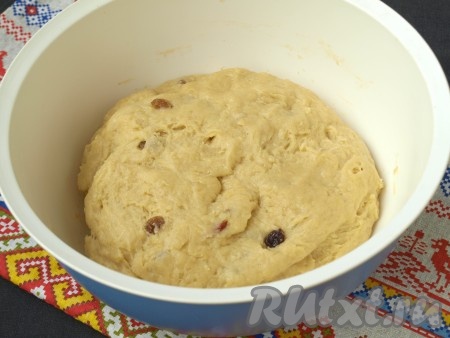 Хорошо вымешать тесто. Оно будет вязким и немного липнущим, поэтому пальцы смачиваем растительным маслом. Далее тесто накрыть и снова убрать его в тёплое место для подъёма на 1,5 часа.
