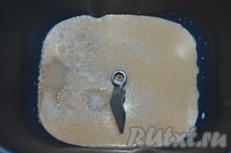 Возьмем все продукты комнатной температуры. Теплое молоко вылить в чашу хлебопечки (или, если замешиваете тесто вручную, в отдельную ёмкость), добавить туда же дрожжи и 3 чайные ложки сахара, перемешать и оставить опару минут на 15 (до появления пышной шапочки).
