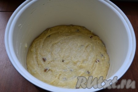 Тщательно тесто перемешать ложкой. Чашу мультиварки хорошо смазать сливочным маслом, на дно поместить пергамент. Выложить подготовленное тесто в чашу, разровнять.