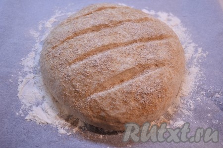 Сверху теста сделать несколько надрезов острым ножом, смазать молоком или сывороткой и посыпать оставленными отрубями.