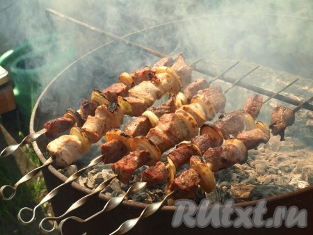 По истечении времени мясо, замаринованное в гранатовом соусе, посолить, нанизать на шампура и жарить на седых углях, постоянно переворачивая, около 15 минут. Сбрызгивать шашлык водой, чтобы он не пригорел.
