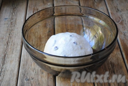 Перемешать и всыпать оставшуюся муку. Замесить не липнущее к рукам, мягкое, однородное тесто, выложить его в миску, накрыть полотенцем и поставить на 1-1,5 часа в тёплое место.
