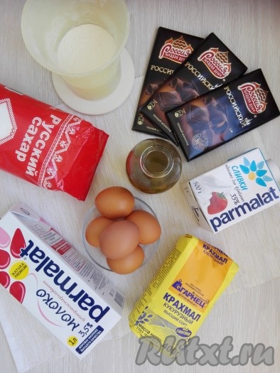 Подготовить продукты для приготовления блинного торта с шоколадным кремом.