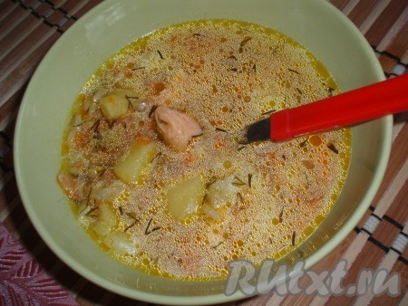 Подать вкусный, ароматный рыбный суп с копченым лососем в горячем виде.