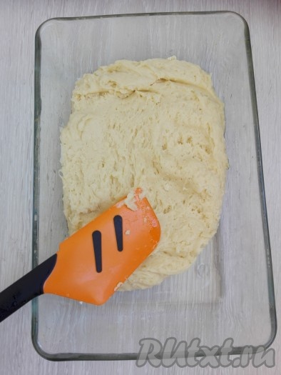 Форму для выпечки выстелить пергаментом или смазать маслом, выложить тесто в форму.
