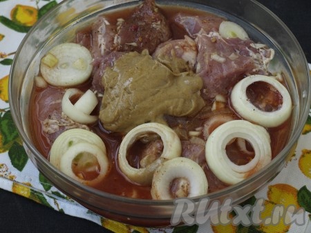 Оставшийся лук нарезаем колечками. К кусочкам мяса для шашлыка добавляем томатный соус, острую горчицу (по желанию) и колечки лука.
