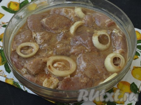 Ещё раз всё перемешиваем. Накрываем миску крышкой и убираем в холодильник на ночь, чтобы шашлык смог замариноваться в томатном соусе.
