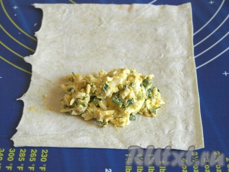 На край квадрата из лаваша выложить 1,5-2 столовые ложки начинки.
