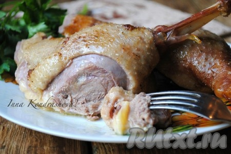 Гуся нужно нарезать на порционные кусочки и в горячем виде подать на стол. Благодаря тому что гусь запекался в рукаве, по сути в собственном соку, мясо получается очень мягким и сочным. К тому же это очень простой способ приготовить гуся целиком - поставил в духовку и "забыл" на время запекания. Ничего не подгорает и следить за запеканием не надо. Если Вы еще не готовили целиком гуся в духовке в рукаве - рекомендую этот несложный рецепт. Результатом Вы будете довольны!