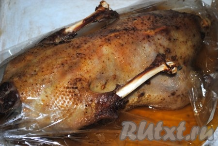 Переложить гуся в рукаве на противень и отправить запекаться в духовку на 1,5-2 часа при температуре 180 градусов. Время запекания будет зависеть от веса и возраста птицы. Чтобы птица приобрела красивую румяную корочку, необходимо за 10-15 минут&nbsp;до конца приготовления аккуратно разрезать рукав и полить гуся образовавшимся жиром.