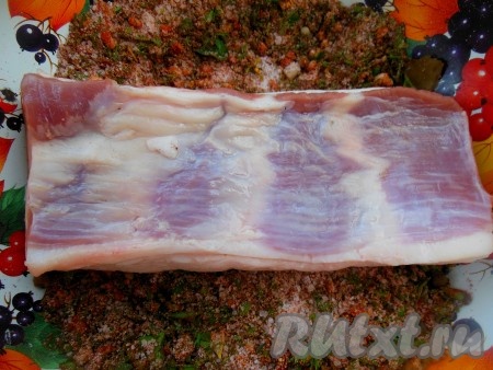 На дно кастрюли насыпать смесь для засолки (чтобы прикрыть дно), затем обвалять каждый кусочек сала в засолочной смеси.