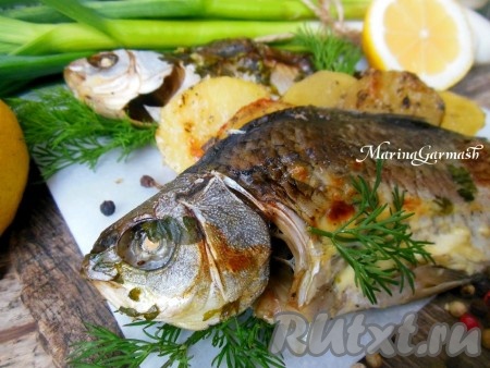 Караси, запеченные с картошкой в духовке, получаются ароматными и очень вкусными. К столу подавайте в горячем виде. Кстати, такую рыбу можно готовить и порционно, завернув каждого карася с нарезанным картофелем в фольгу. Отличное блюдо, попробуйте!