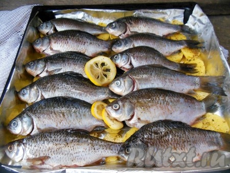 На картошку выложите карасей и колечки лимона, в которых мариновалась рыба (для аромата), веточки петрушки, сверху можно немного полить сметаной.