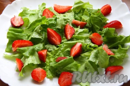 Листья салата замочить в холодной воде на 20 минут, затем достать из воды и обсушить полотенцем. Листья салата нарвать руками на тарелку, сверху выложить клубнику, нарезанную дольками.
