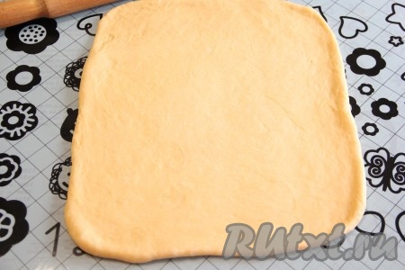 На рабочей поверхности, слегка присыпанной мукой, раскатать тесто в не тонкий прямоугольный пласт.&nbsp;