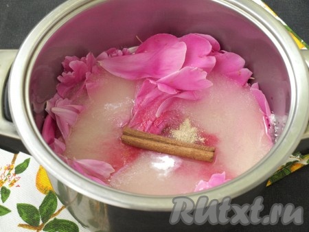 Залить воду и заранее заваренный чай каркаде. Добавить ванилин, корицу и кардамон. Ещё советовали добавить анис, но я его у нас не нашла.
