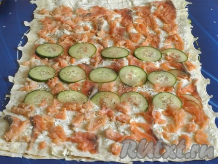 Тонко нарезать огурчики и разложить их по центру в 3 ряда. Посыпать немного солью и орегано.
