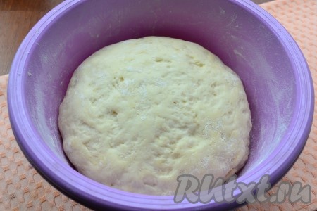 Посуду с тестом накрыть пищевой пленкой и оставить в теплом месте минут на 40-45. Тесто увеличится в объеме, приблизительно, в 2 раза.
