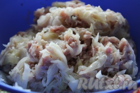 В миске соединить остывшую капусту и подготовленный фарш. Капусту с фаршем хорошо перемешать и, по желанию, приправить по вкусу.
