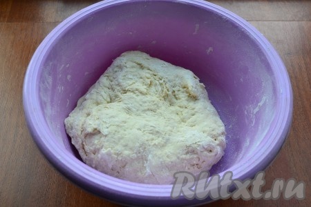 Понемногу вливая солёную воду, замесить мягкое, но хорошо держащее форму тесто (долго не вымешивать). Как только тесто перестанет липнуть к рукам и при этом будет хорошо держать форму, значит больше не нужно добавлять воду. Тесто немного придавить рукой.