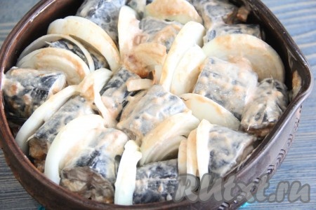 Кусочки рыбы выложить в жаропрочную форму, между кусочками рыбки выложить лук. На дно формы налить немного воды. Запекать скумбрию в разогретой духовке при температуре 200 градусов, примерно, 25 минут.
