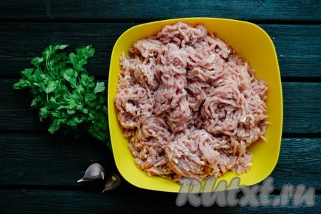 Куриное мясо снять с кости, зачистить от пленок и прожилок, снять шкуру и перемолоть мясорубкой с мелким ситечком. Во время перемалывания добавить очищенные зубчики чеснока.