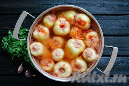 Сверху вылить приготовленную томатную заправку и холодную воду (жидкость должна полностью покрыть все перчинки), по вкусу добавить еще соль и молотый черный перец. Кастрюлю накрыть крышкой.
