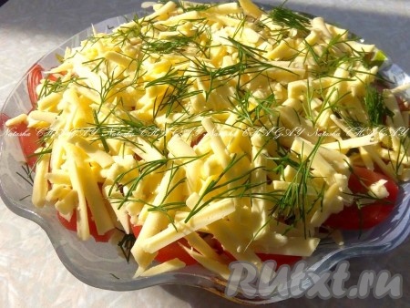 Салат с жареной курицей, помидорами и сыром