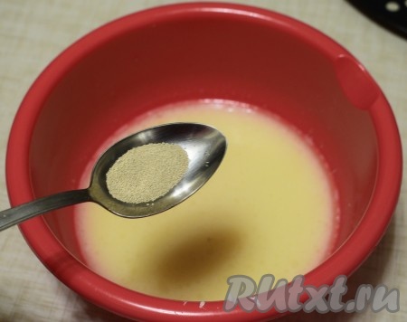 В растопленное сливочное масло добавить тёплое молоко, соль, сахар, все перемешать и всыпать дрожжи, перемешать.&nbsp;
