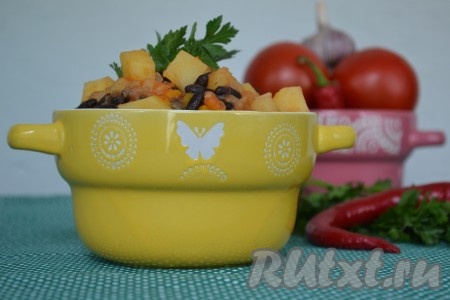 Сытное, вкусное и ароматное блюдо разложить по тарелкам и подать на стол в теплом виде. Тушеная картошка с фасолью будет прекрасно сочетаться со свежими овощами или салатами.
