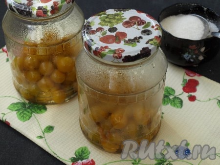 Разложить алычу поровну в стерильные банки, прикрыть чистыми крышками, которые также следует ошпарить кипятком.
