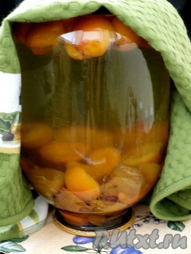 Перевернуть банку на крышку и укутать чем-то тёплым для дальнейшей стерилизации. Оставить банки с компотом из слив и абрикосов на сутки.
