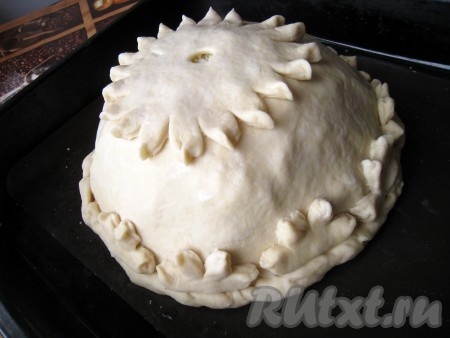 Если отверстие в тесте (как у меня) получилось великовато, то накрыть его кусочком теста с отверстием поменьше. Тесто в нескольких местах наколоть вилкой. Тесто смазать молоком (или желтком).
