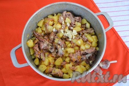 За 5 минут до готовности всыпать по вкусу соль, добавить измельченный чеснок.