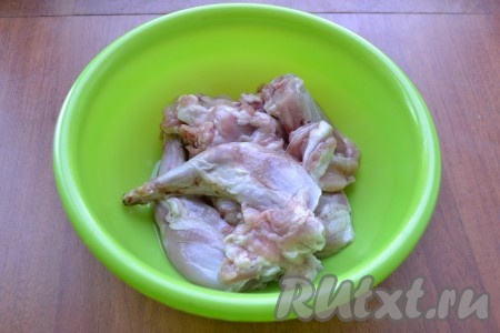 Кролика разрезать на порционные кусочки, вымыть, обсушить и посолить.
