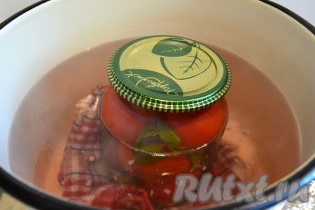 Накрыть банку с помидорами прокипяченной крышкой. В большой кастрюле вскипятить воду, на дно поместить полотенце или тряпочку, сложенную в несколько раз. Банку с помидорами аккуратно опустить в кастрюлю. Вода должна доходить до плечиков банки. Стерилизовать банку с помидорами 25-30 минут от начала кипения воды.