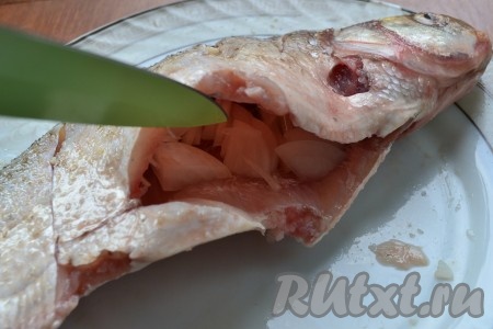 Лук очистить и нарезать достаточно крупно. Внутрь каждой рыбины поместить по 1 нарезанной луковице.