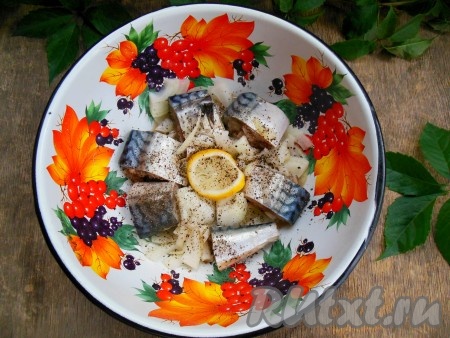 Добавьте к рыбе соль и черный молотый перец по вкусу, колечки лимона, выжимая сок, и репчатый лук. Перемешайте и оставьте на пару часов в холодильнике (я оставила на ночь).
