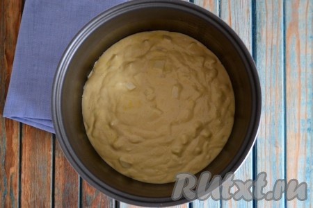 Грушу соединить с тестом, перемешать и влить в чашу мультиварки. Чашу мультиварки необходимо предварительно смазать растительным маслом.
