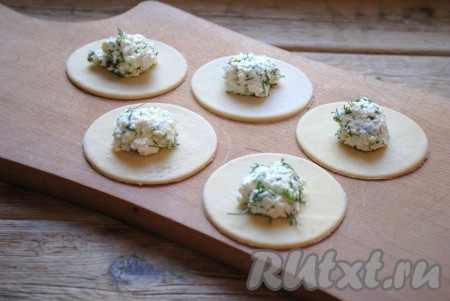 В центр каждого кружочка выложить по 1 чайной ложке начинки.

