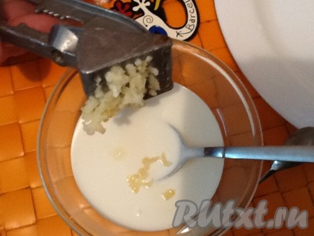 Для приготовления соуса для подачи чеснок, выдавленный через пресс, смешать с йогуртом (или сметаной) и солью.